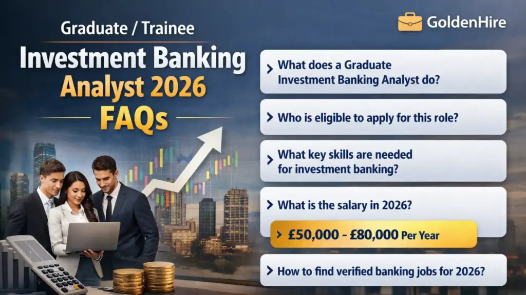 Two young professionals in suits stand with a laptop and documents before a city skyline. Text highlights FAQs about Graduate / Trainee Investment Banking Analyst 2026 roles, including salary (£50,000–£80,000) and essential details.