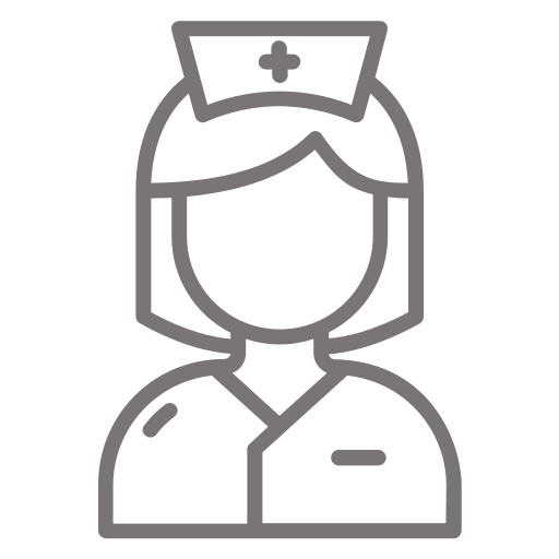 Simple line drawing of a nurse wearing a uniform and a nurse’s hat with a cross symbol, representing the Golden Hire standard. The nurse has shoulder-length hair and no facial features are shown.