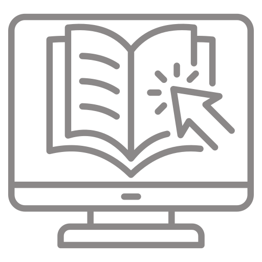 Grey icon of a computer monitor displaying an open book with a large arrow cursor pointing to a page, symbolising online learning or digital reading—a perfect fit for Golden Hire’s commitment to modern education.