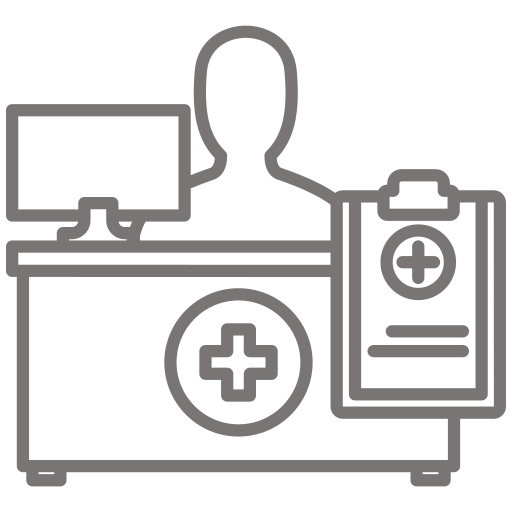 Line drawing of a person sitting at a desk with a computer, featuring a Golden Hire medical cross symbol on the desk and a clipboard with a medical cross and lines representing text.